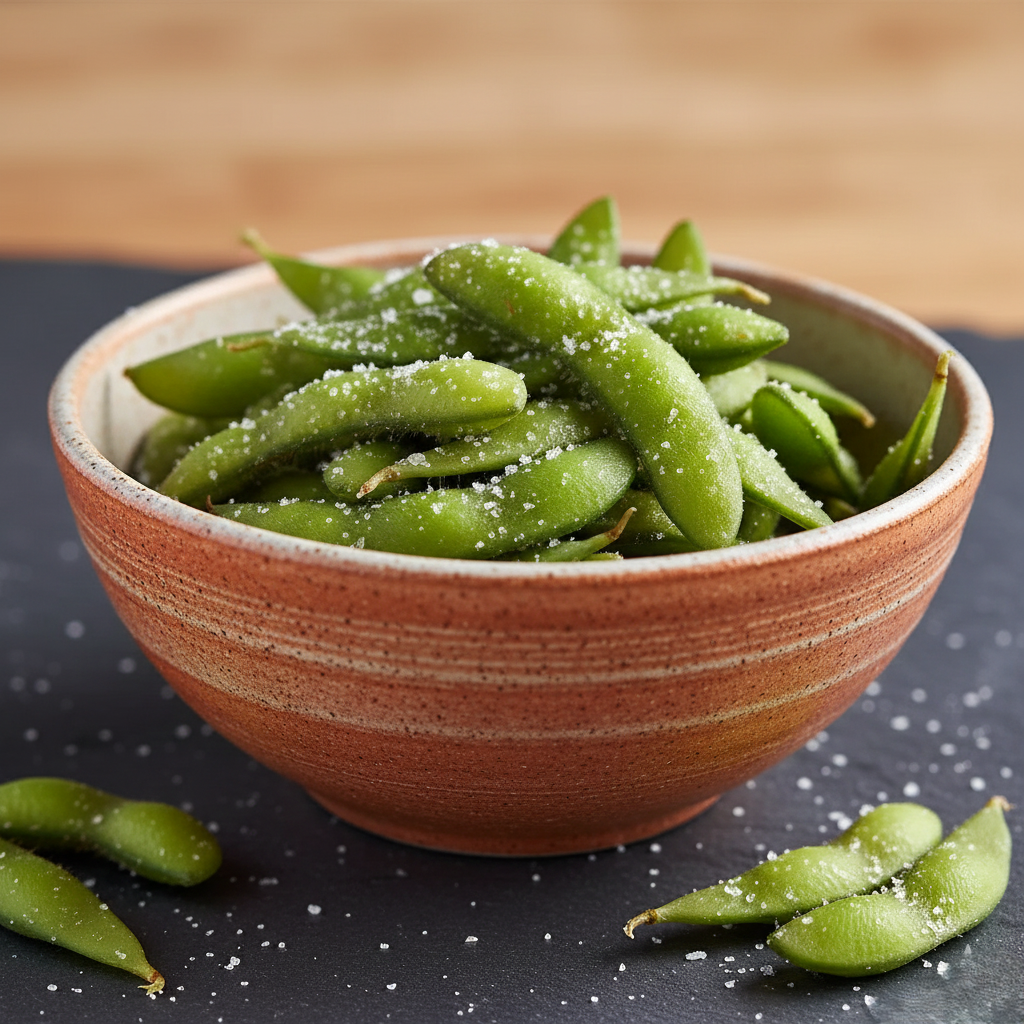 Bowl of roasted edamame with sea salt