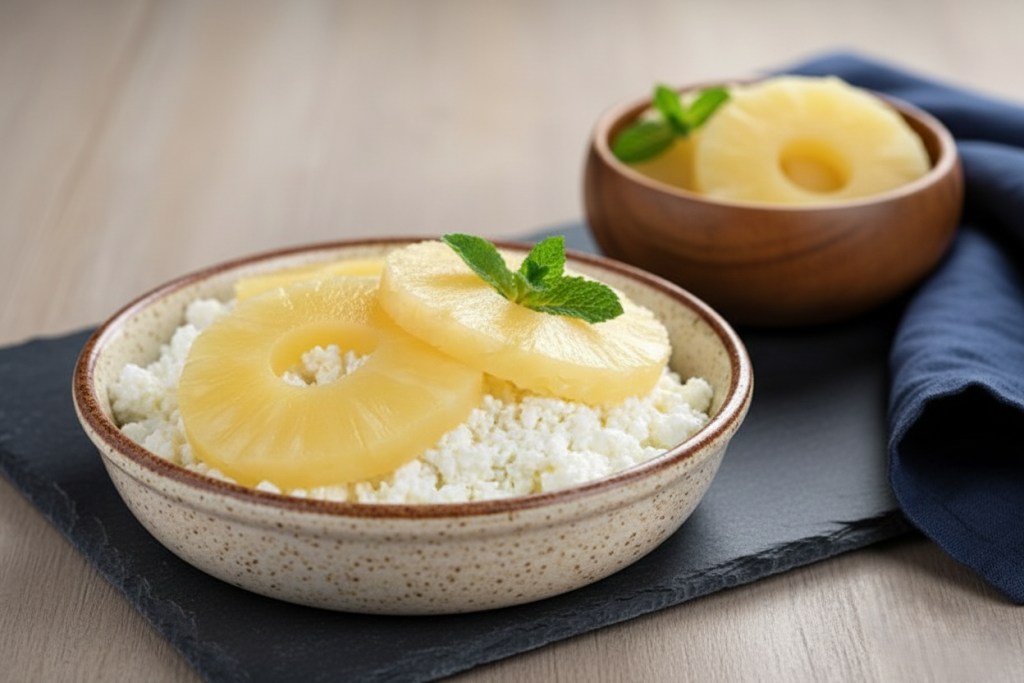 Cottage cheese with pineapple in glass bowl