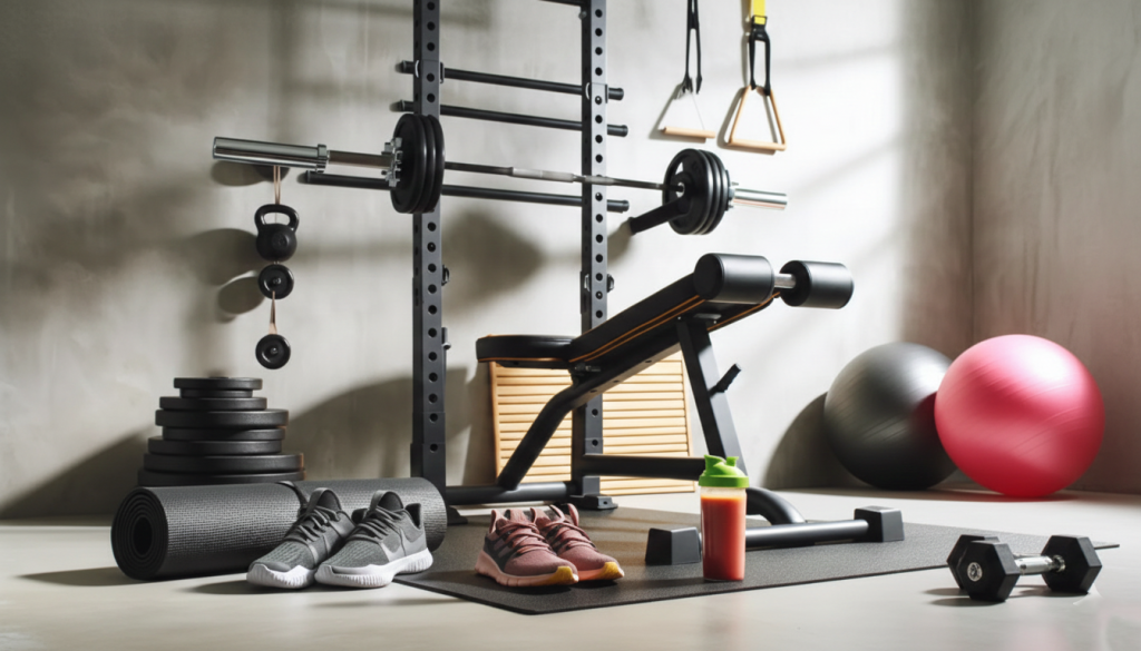 Home gym setup with essential functional fitness for men equipment including kettlebells dumbbells resistance bands