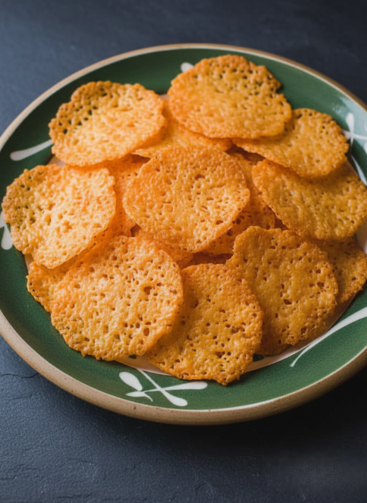 Homemade cheese crisps on baking sheet