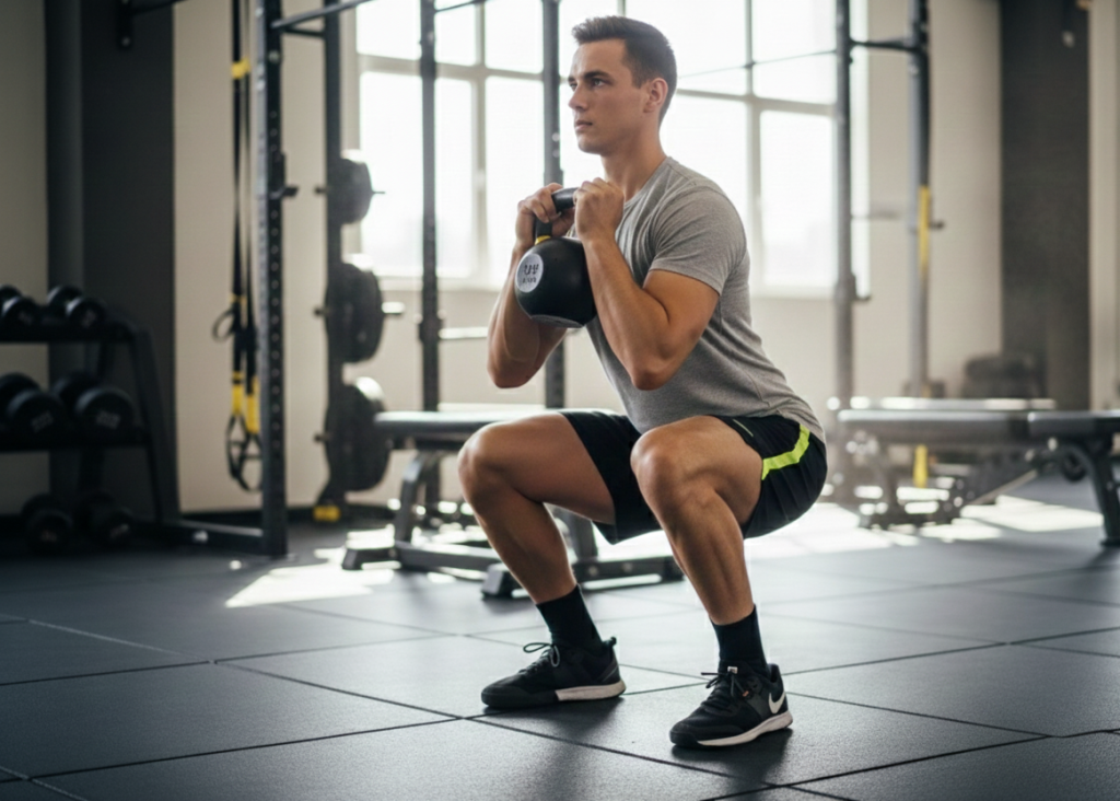 Man performing functional fitness for men exercises with kettlebell demonstrating proper form and core stability