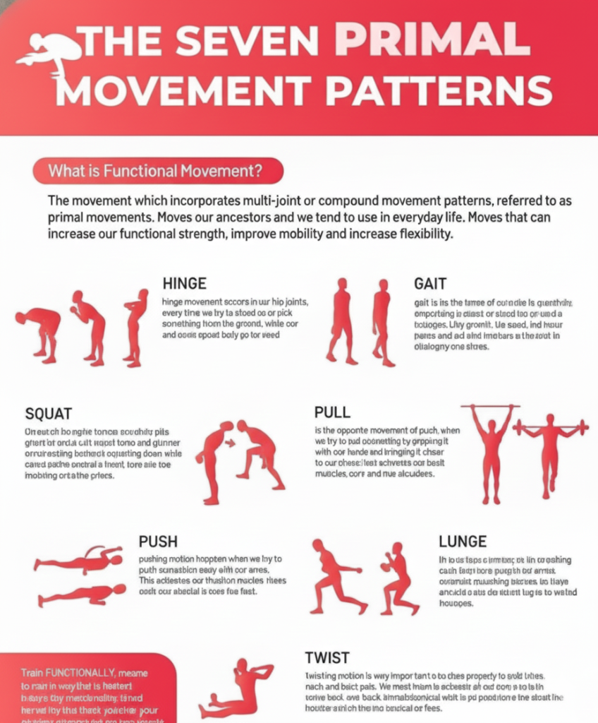 Diagram showing seven fundamental functional fitness for men movement patterns including push pull squat hinge 