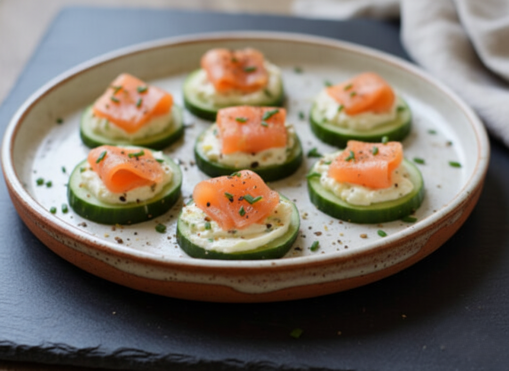 Smoked salmon on cucumber slices garnished elegantly