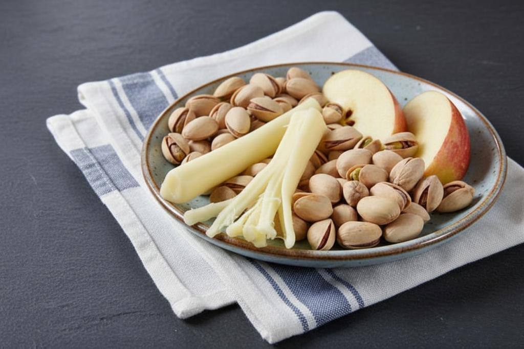 String cheese with apple slices on wooden board