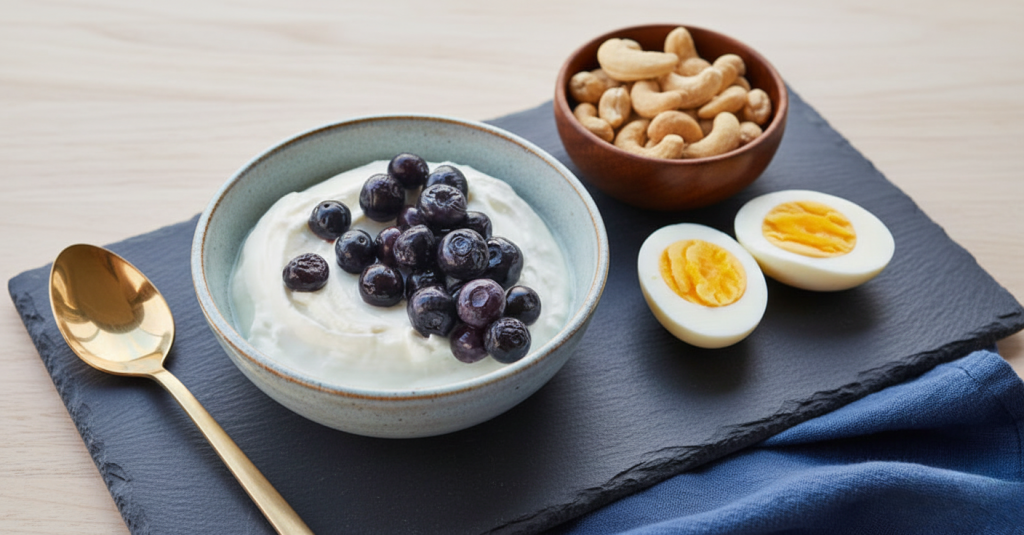 Variety of protein-rich foods including eggs, yogurt, and nuts