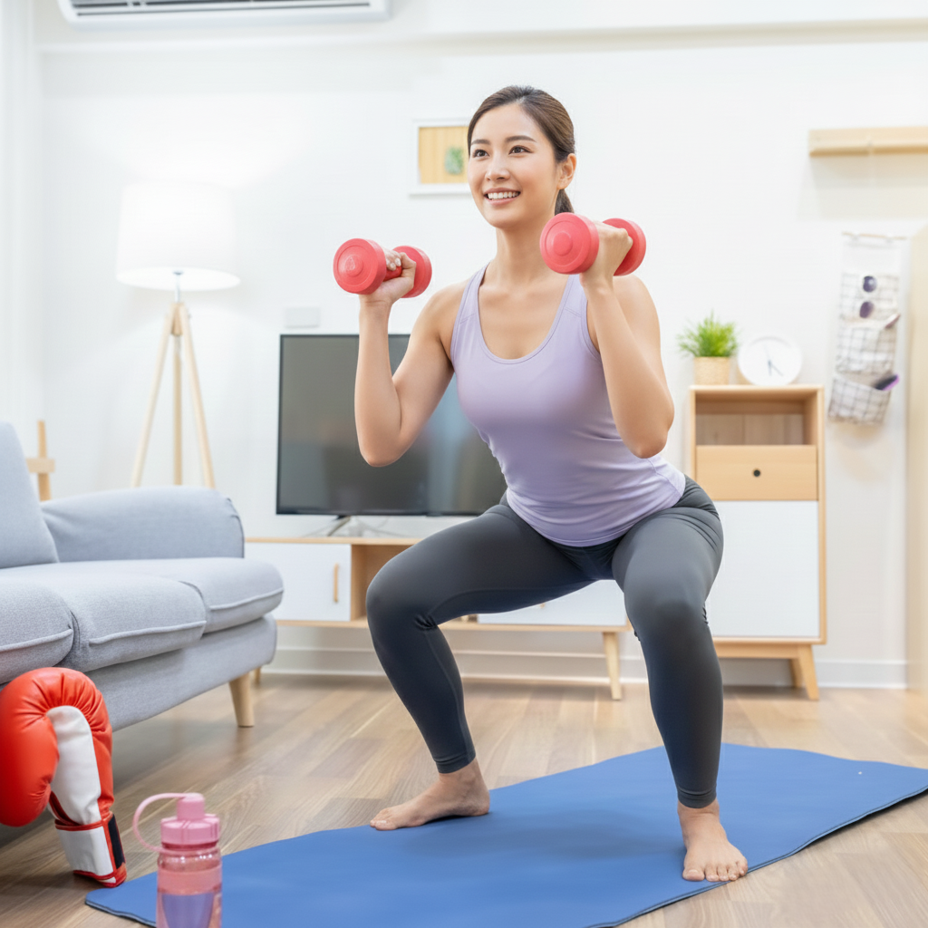 Woman performing dumbbell workout for women at home in living room