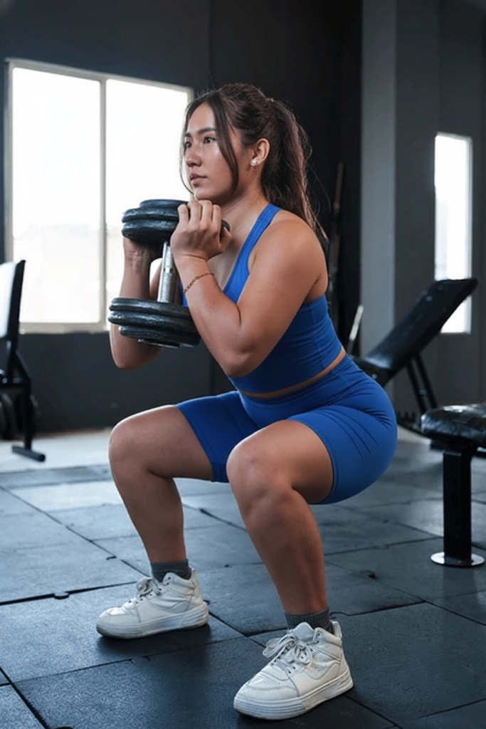 Woman executing lower body dumbbell workout for women at home exercise