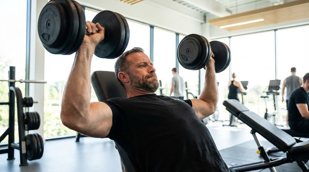 Fit man in his 40s performing dumbbell incline press on adjustable bench in well-lit gym