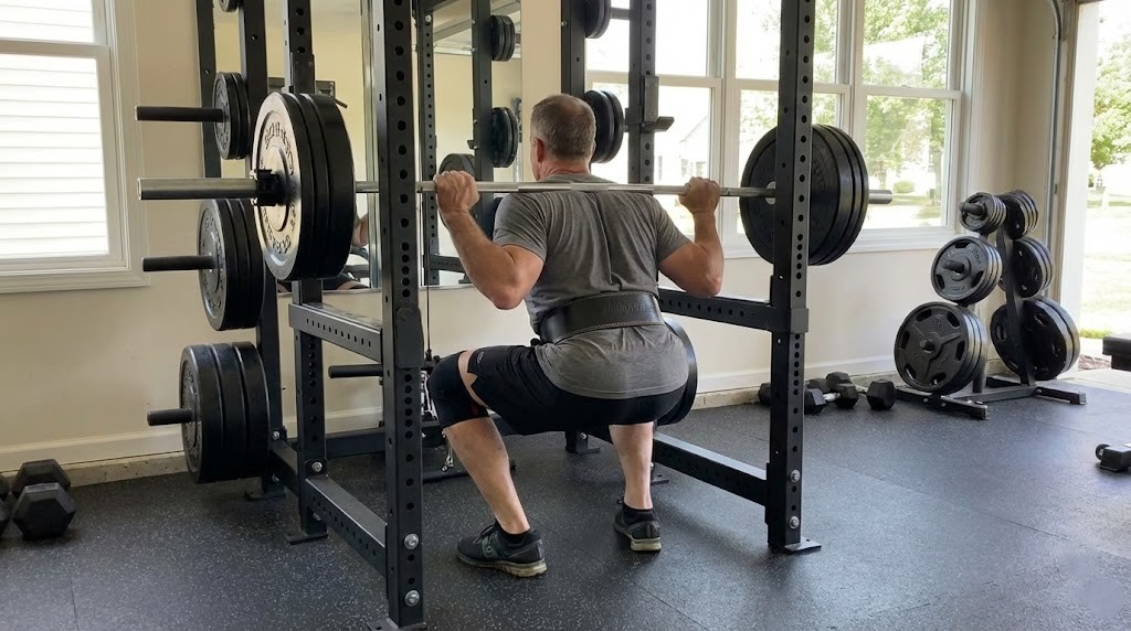 Middle-aged man completing barbell squat with proper form in power rack, demonstrating joint-safe technique