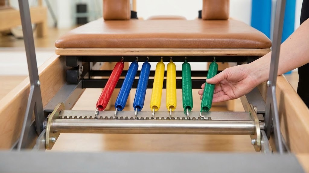 Pilates reformer carriage and spring system demonstrating adjustable resistance mechanism for controlled strength development