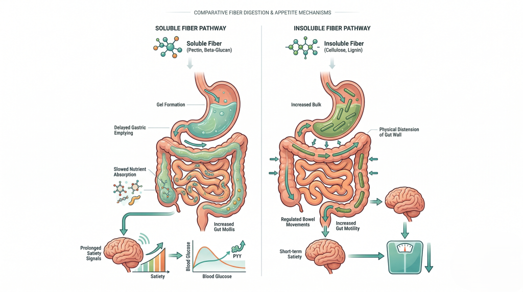 Diagram showing how soluble and insoluble fiber affect digestion and appetite for weight loss