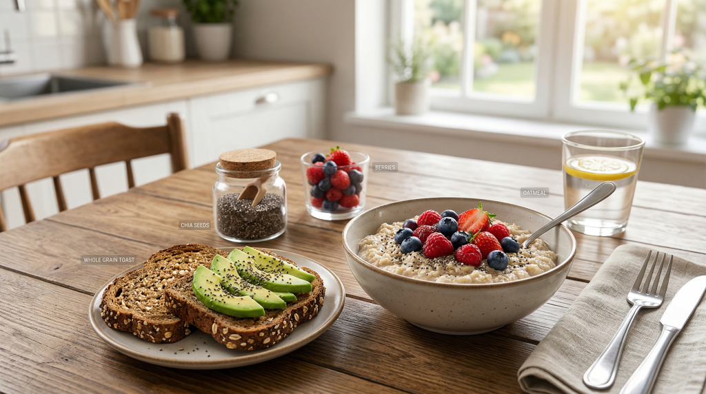 High fiber breakfast ideas for weight loss including oatmeal with berries, chia seeds, and whole grain toast