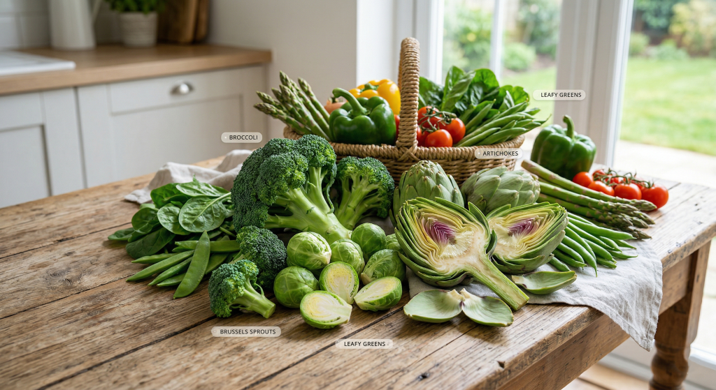 High fiber low calorie vegetables including broccoli, artichoke, and Brussels sprouts for weight management