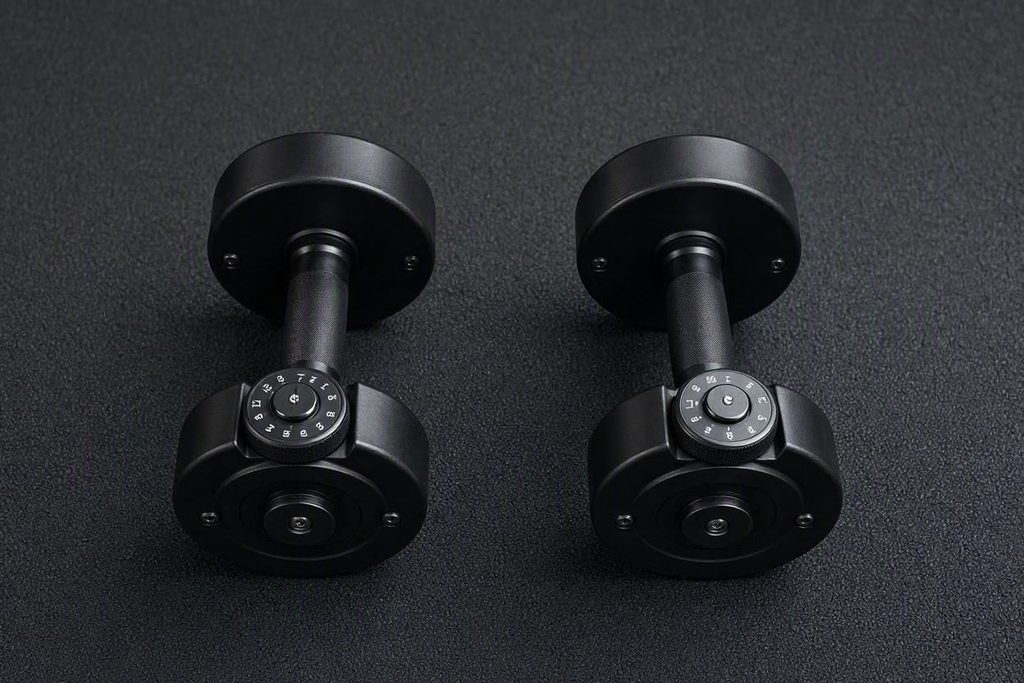 Adjustable dumbbells and kettlebells neatly arranged on rubber floor tiles