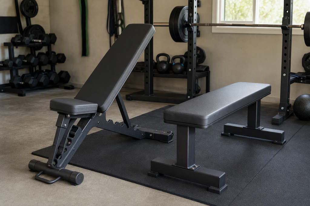 Adjustable weight bench and flat weight bench positioned side by side in a home gym setting.