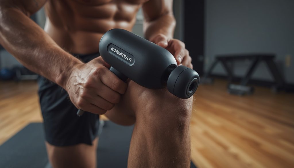 Athlete using a high torque percussion massage gun on quadriceps muscle belly