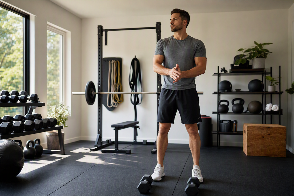 Beginner athlete preparing for strength training for beginners with clean posture in a sunlit training space
