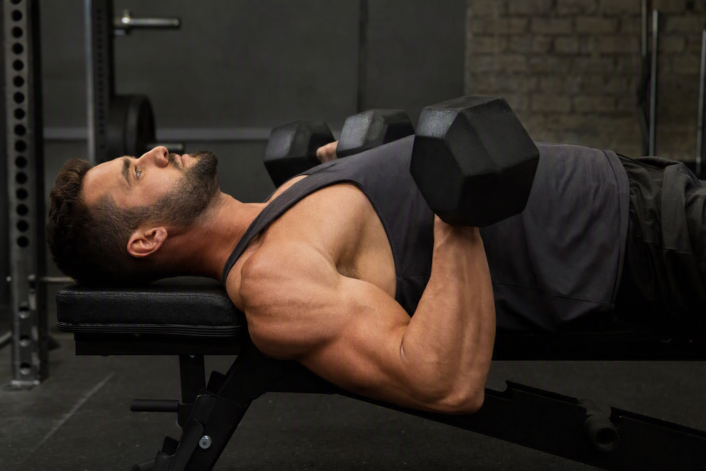 Close up demonstration of dumbbell bench press chest stretch at bottom range of motion