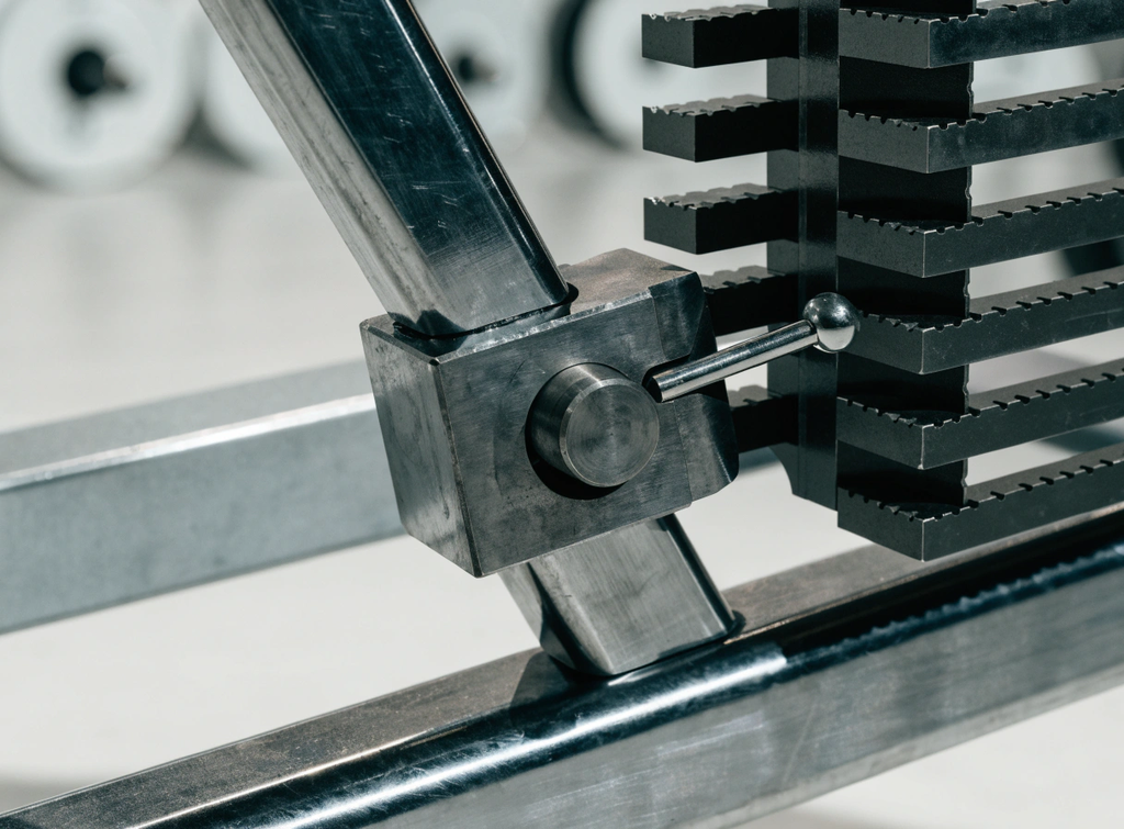 Close-up detail of the steel hinge and selector pin mechanism on an adjustable weight bench.