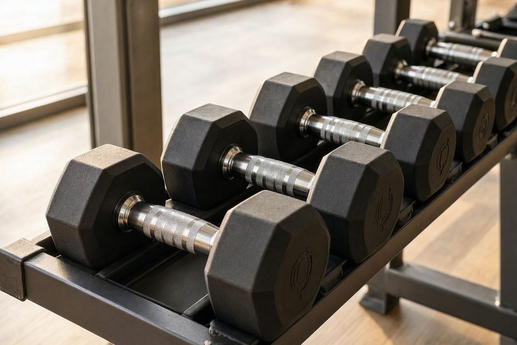 3 Day vs 5 Day Workout Split: Recovery, Adherence, and Time-Budget Comparison 4 Close up of heavy rubber dumbbells placed neatly on a metal storage rack in a home gym setting
