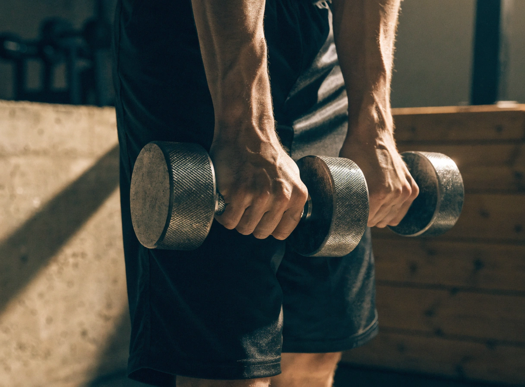 Close up of proper hand grip and form executing strength training for beginners with dumbbells