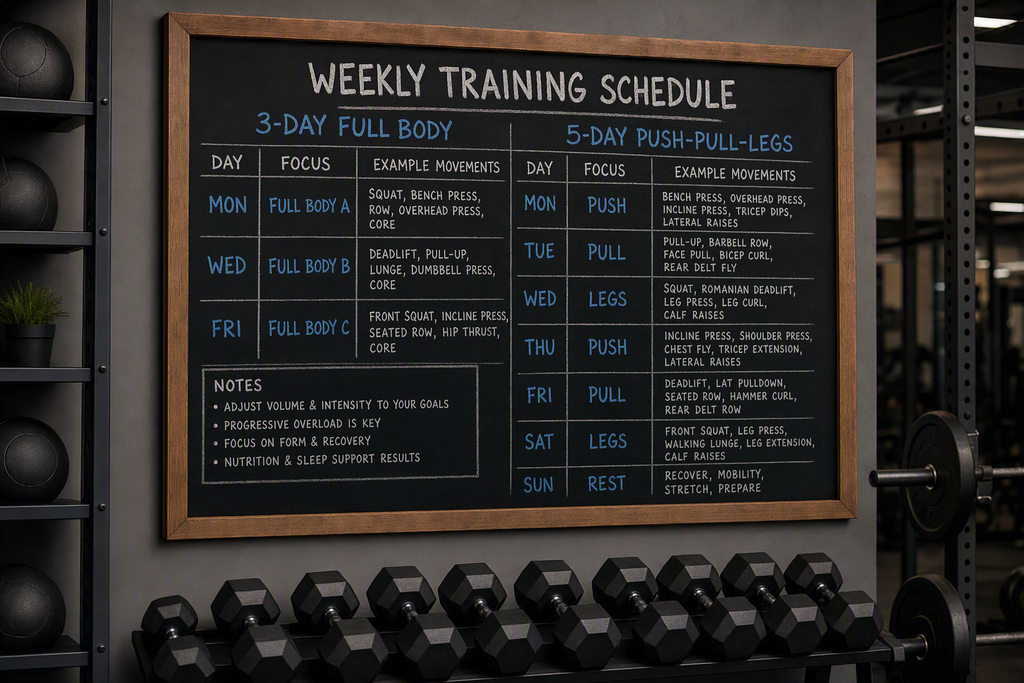 3 Day vs 5 Day Workout Split: Recovery, Adherence, and Time-Budget Comparison 2 Comparison visual of a 3 day vs 5 day workout split routine schedule on a clean gym chalkboard