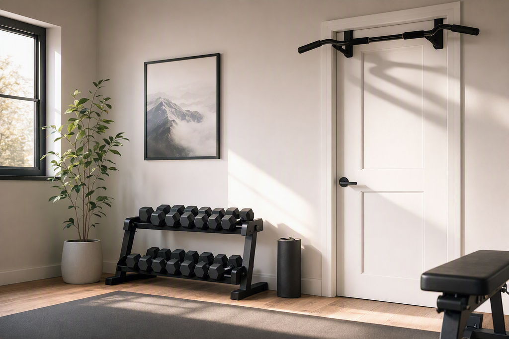 Comparison visual setup showing door frame pull up bar next to compact free weight rack