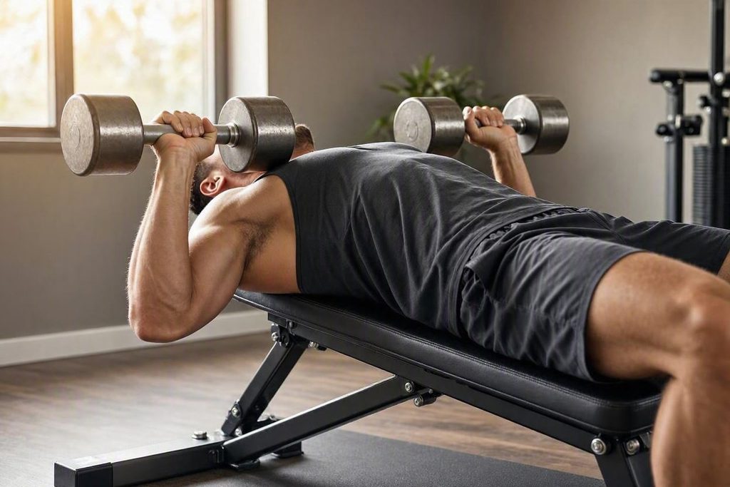 Demonstration of incline dumbbell bench press positioning on an adjustable bench.