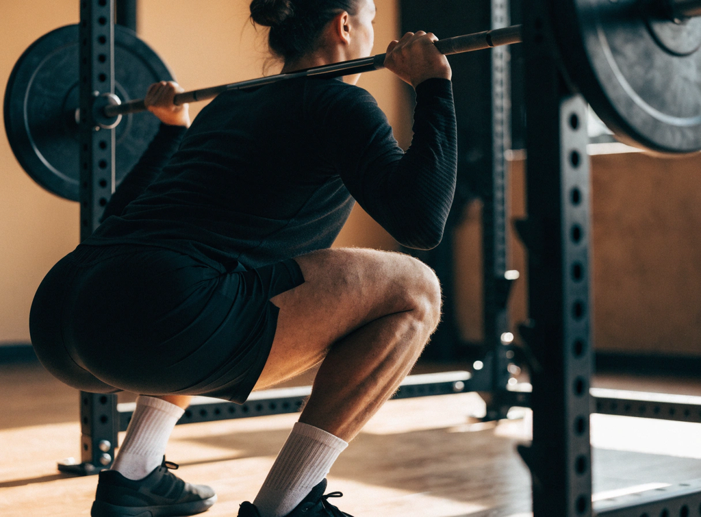 3 Day vs 5 Day Workout Split: Recovery, Adherence, and Time-Budget Comparison 3 Male athlete performing a heavy barbell squat with strict form in a well-equipped strength facility