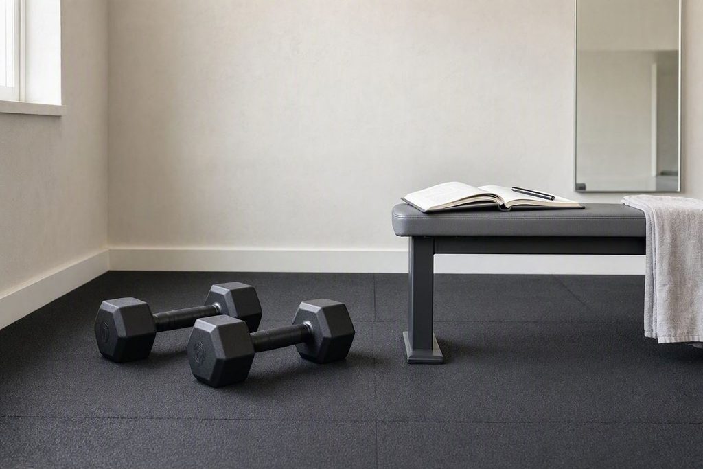 Organized workout space displaying compact weights suitable for strength training for beginners