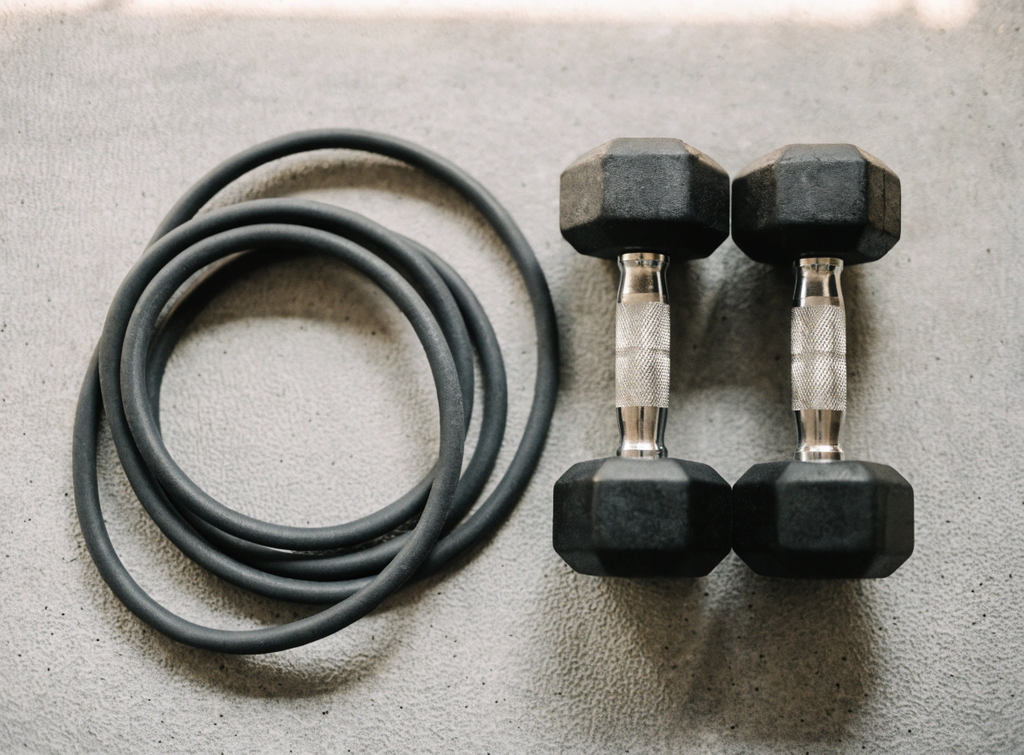 Resistance bands and a pair of dumbbells arranged side by side on a home gym floor, comparing two home strength training equipment options