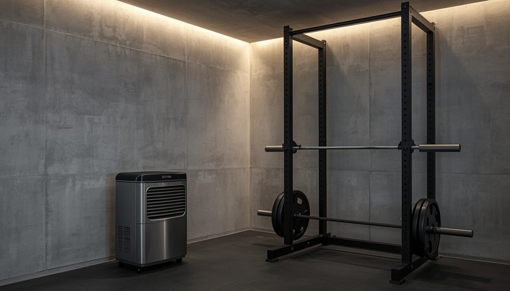 Compact dehumidifier and fan climate control corner in a garage workout room