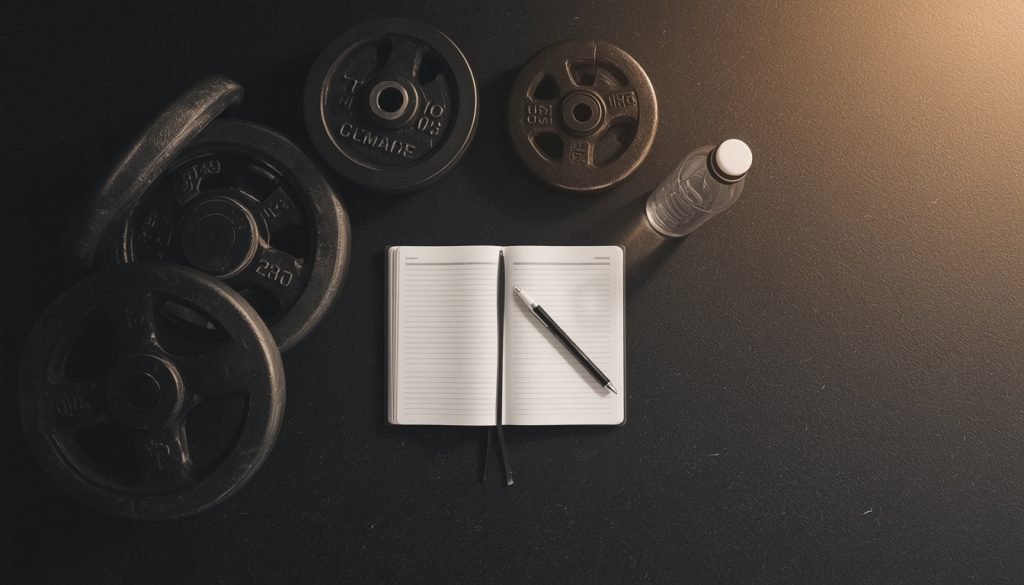 Lifter logging exercise reps and sets in a physical workout notebook during training