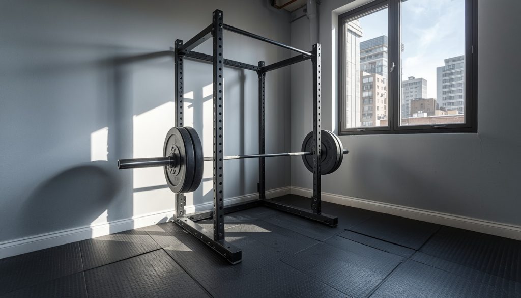 Foldable Squat Rack Apartment Guide: Footprint, Installation, and Safety 4 Unfolded foldable squat rack ready for training with a barbell and rubber floor protection in a compact room